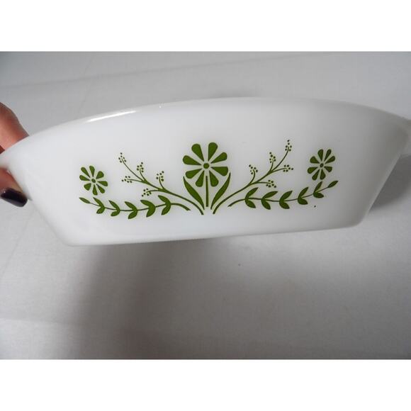 Vintage Glasbake White Green Daisy Flower Oval Divided Casserole Dish Qt - Picture 10 of 11